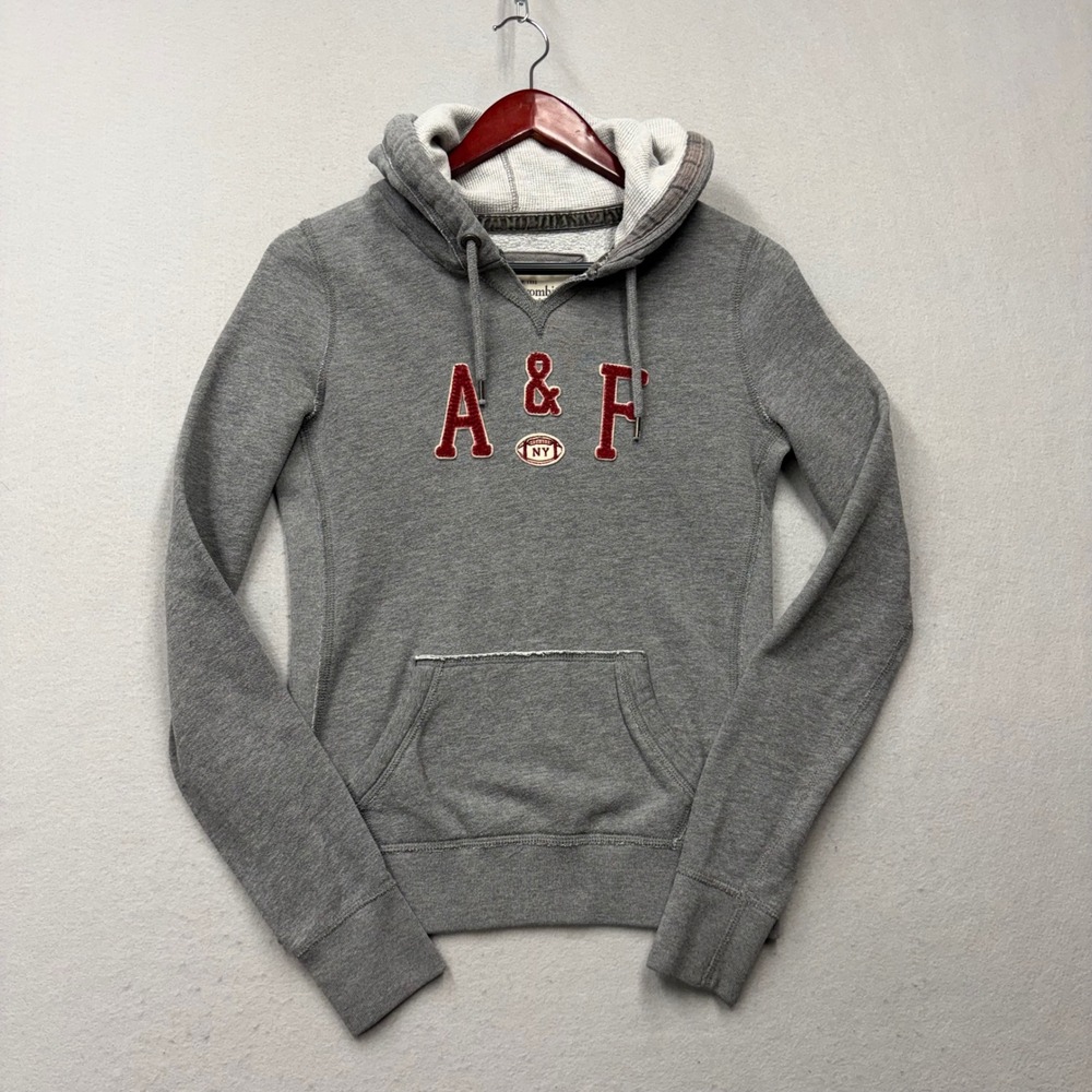 Abercrombie & Fitch Hoodie Womens S Gray Y2K Chenille Logo Pullover Sweatshirt